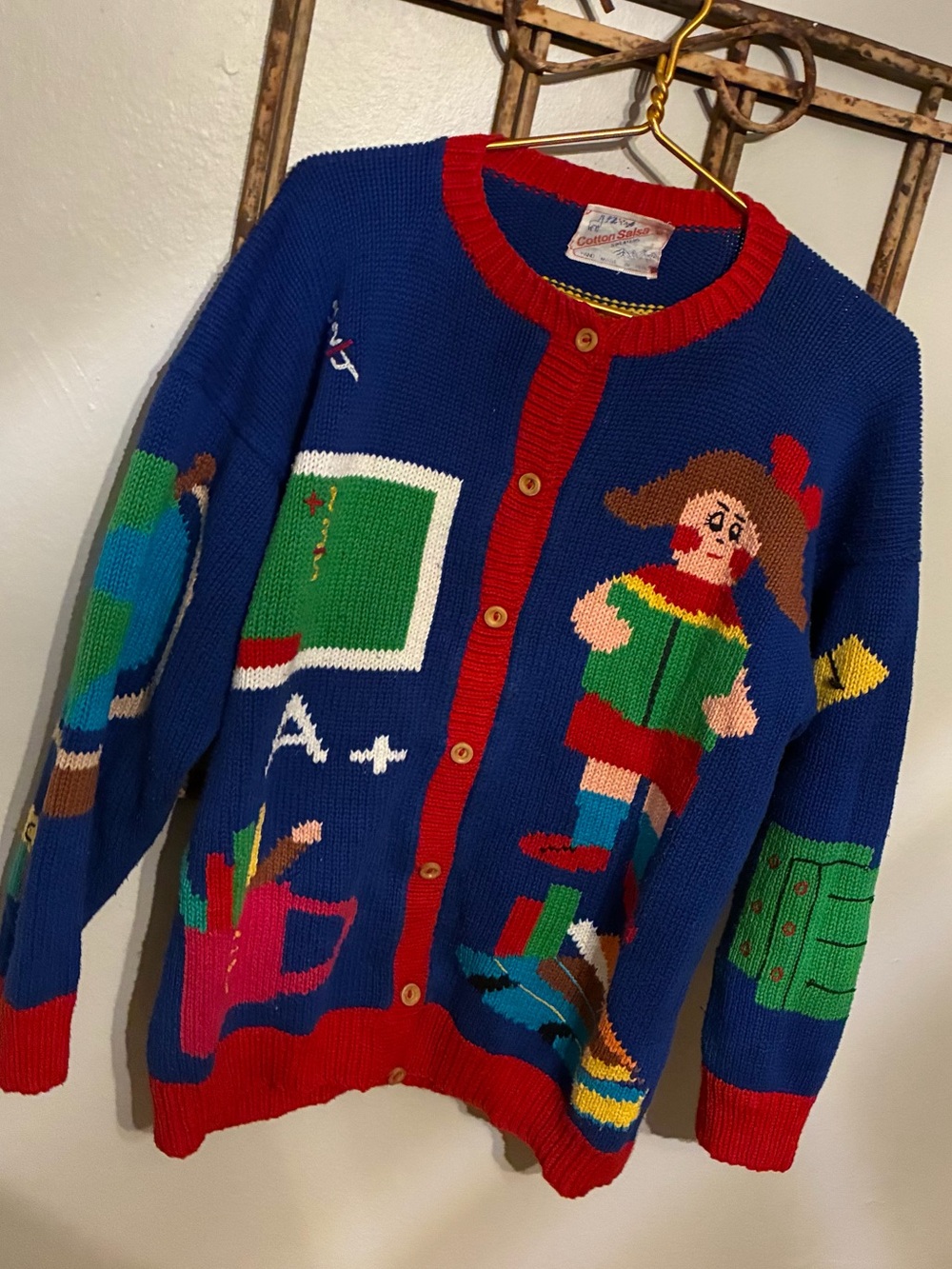 Vintage School-Themed Knit Cardigan - Blue & Red